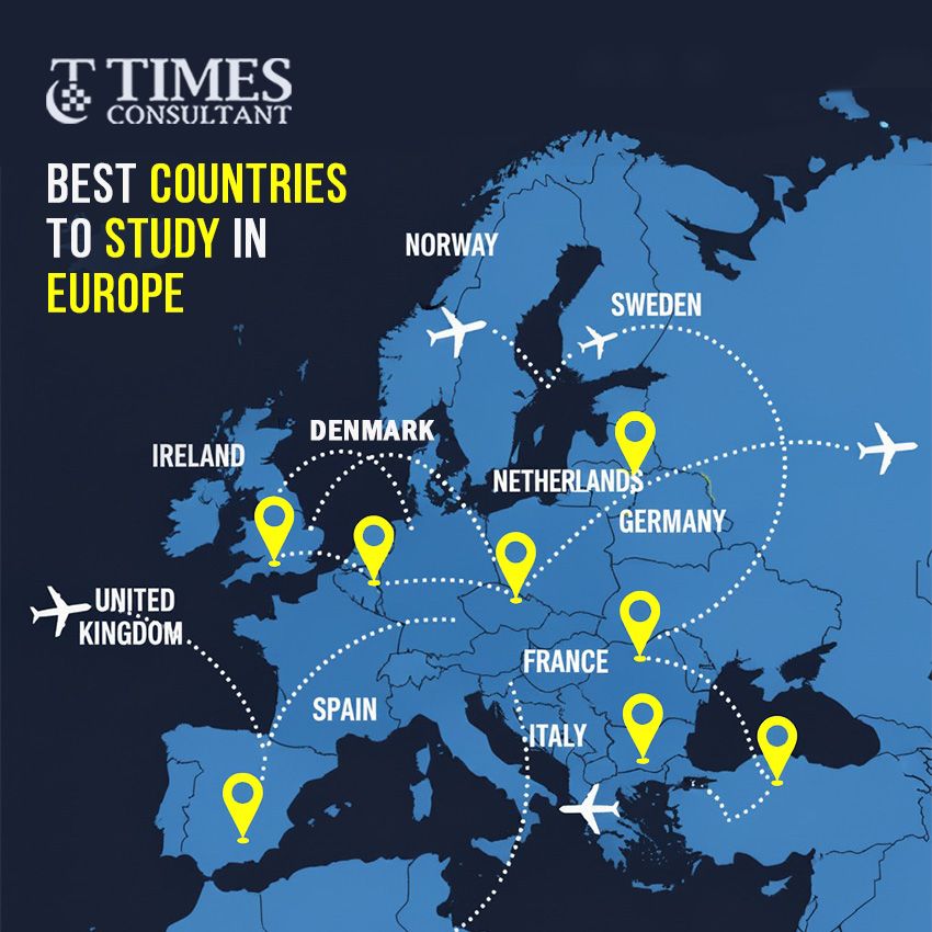 Map highlighting best countries to study in Europe, including Germany, Netherlands, France, Sweden, and Italy, marked with pins and flight paths.