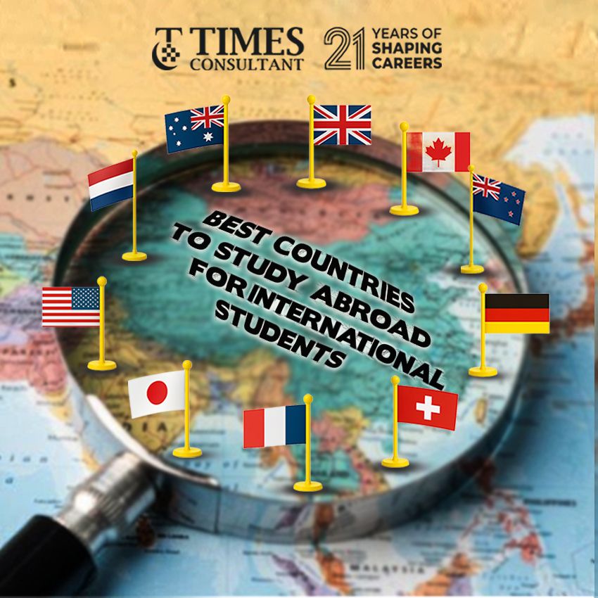 Magnifying glass highlighting a map with flags of top countries, titled “Best countries to study abroad for International students,” emphasizing global study destinations.
