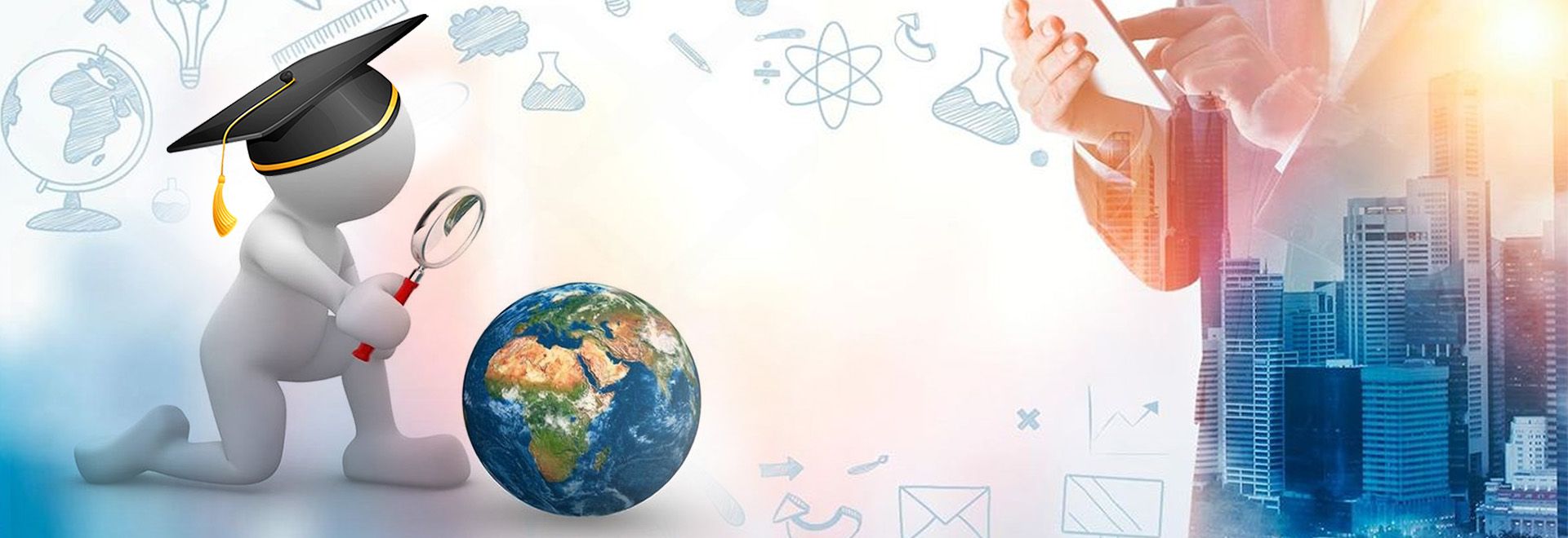 Graduate figure studies a globe with a magnifying glass beside a modern city. Concept for best countries to study abroad for business.