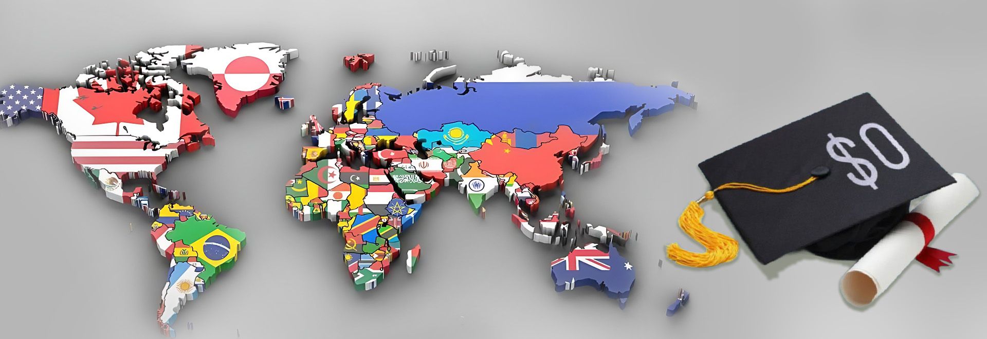 World map with countries shown in national flags next to a graduation cap marked with a dollar zero, symbolizing free education countries globally.