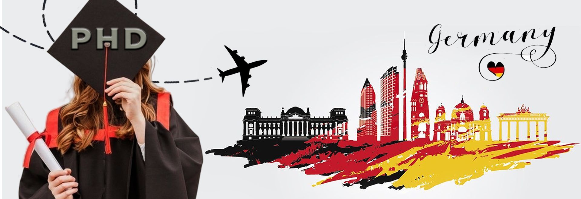 Graduate holding a PhD cap and diploma with airplane flying toward German skyline, representing the journey to pursue a free PhD in Germany.