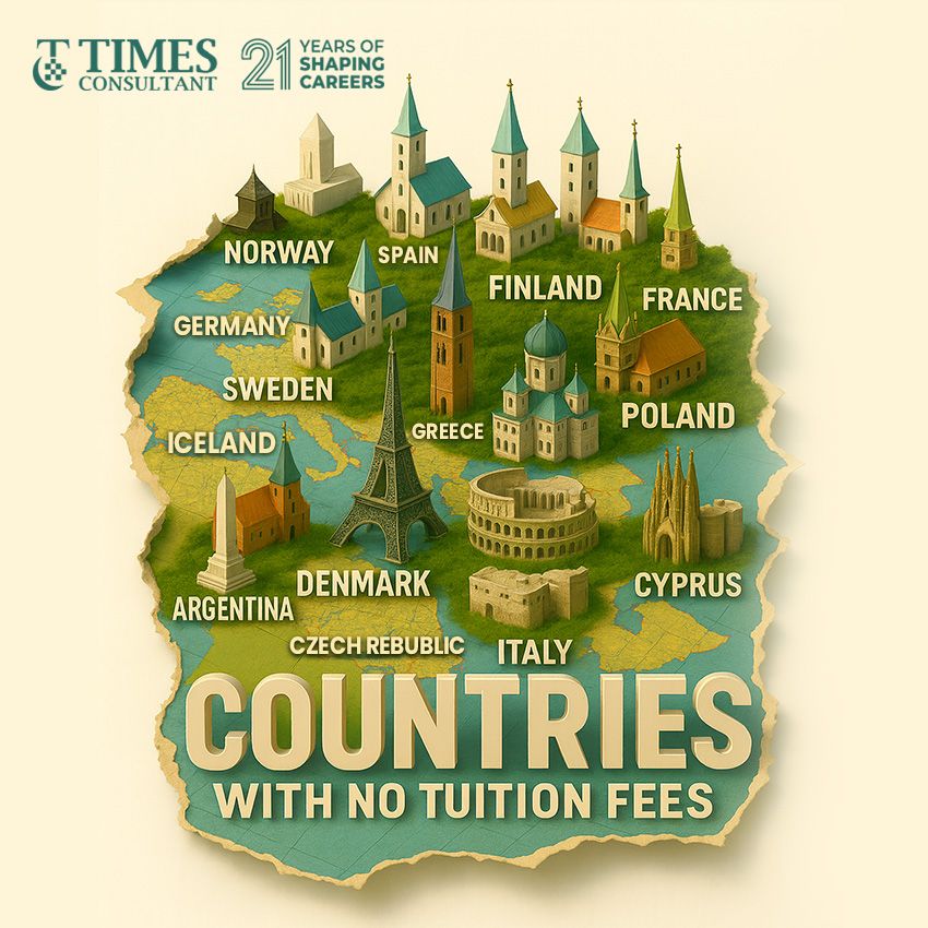 Illustrated map showing countries like Germany, France, Finland, and Italy labeled as offering no tuition fees, ideal for international students.