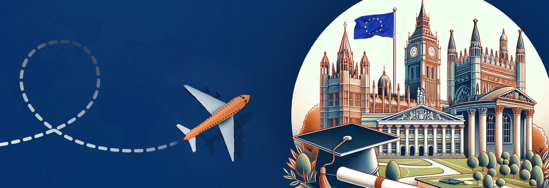 Airplane flying toward iconic European landmarks with EU flag, symbolizing academic travel and higher education in Europe.